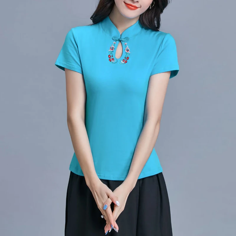 

Summer Tops Simple Ethnic Embroidery T Shirt Vintage Stand collar Plus size Ladies 95% Cotton Tees Clothes
