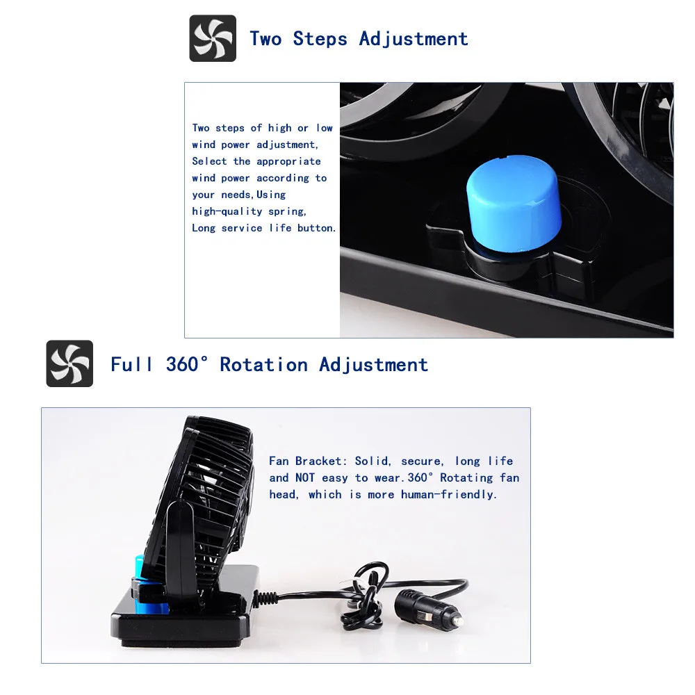 DC 12V двухголовый автомобильный вентилятор круглый портативный автомобильный воздушный вентилятор Регулируемый кулер охлаждающий скользящий 4,5 W-6,5 W