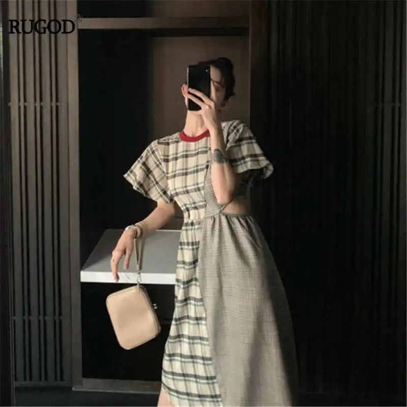 

RUGOD 2019 korea summer women o-neck vintage plaid dresses empire waist a-line patchwork casual lady vestidos