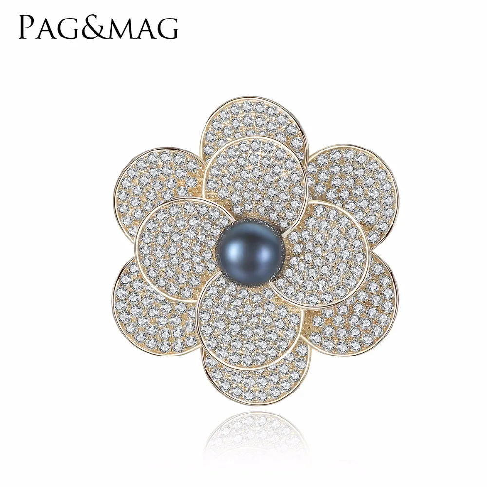 

PAG&MAG Brand Shiny Sliver 925 Black Pearl Brooches & Pins Flower Shape Brooch For Women Vintage Scarf Clip Jewelry Accessories