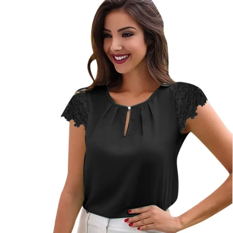 

Women Lace Casual Chiffon Blouse Ruffle Short Sleeve Fashion Girl Solid O-Neck Summer Shirt Tops blusas mujer de moda 2019