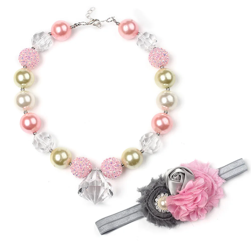 

Child Girls Lovely Present Gift Clear Spike Crystal Pendant Chunky Beads Bubblegum Necklace Flower Stretch Head band Jewelry Set
