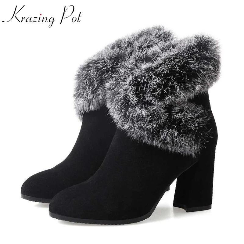 

Krazing Pot new cow suede rabbit hair vintage round toe high heels round metal buckle British school winter warm ankle boots L95