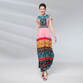 

2019 New High-quality O-Neck Short sleeve Printed Women Dresses Summer high-waisted long Dresses 50%Cotton Free shipping