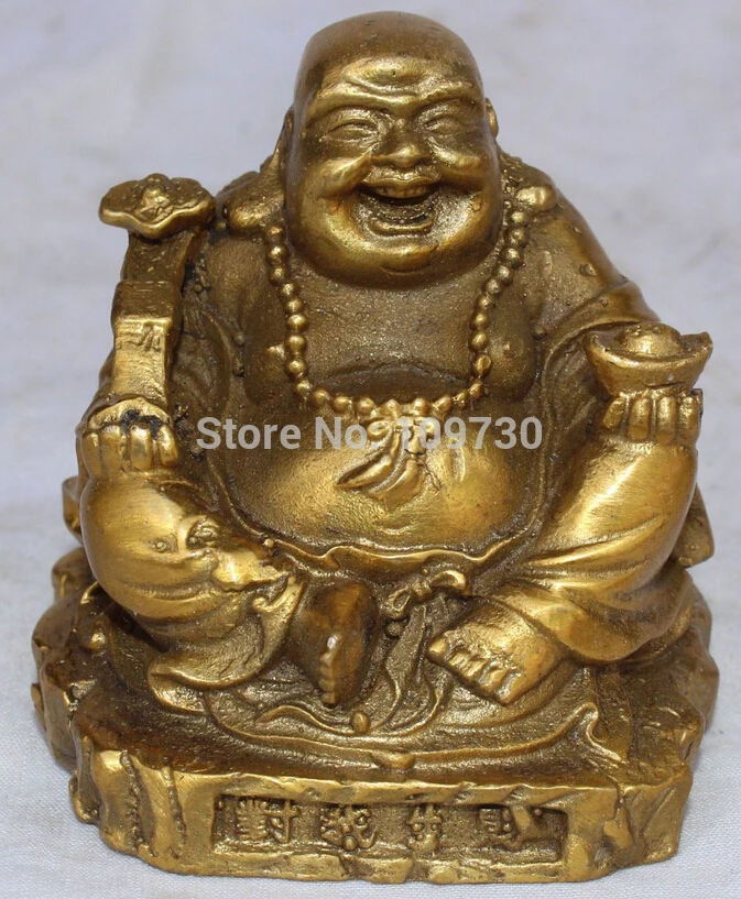 

001243 Chinese Bronze Happy Buddha Hold YuanBao RuYi Maitreya Buddha Statue