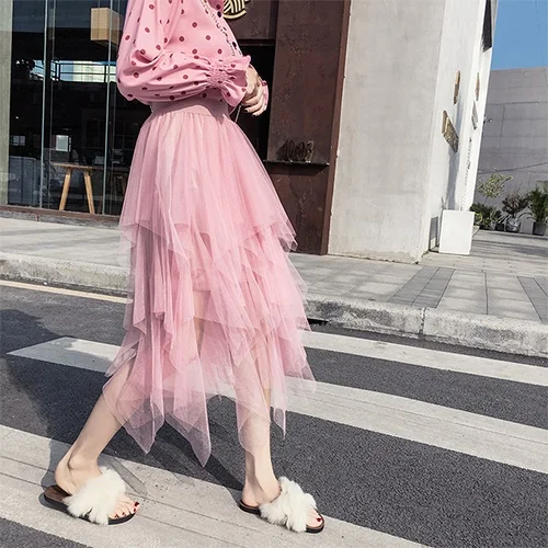 Женская юбка-миди с пачкой SURMIITRO, нерегулярная летняя школьная юбка с завышенной талией в корейском стиле летом - Цвет: Розовый