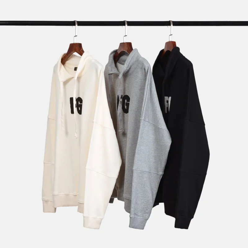 

QoolXCWear high street cotton Sweatshirts FG embroidery loose version stand collar drawstring hoodie men/women hoodie