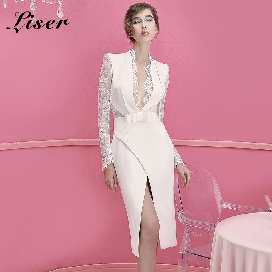 

Liser 2018 New Summer Women Dress V Neck Lace Bow Dress Sexy Bodycon Elegant Celebrity Party White Dresses Vestidos Wholesale