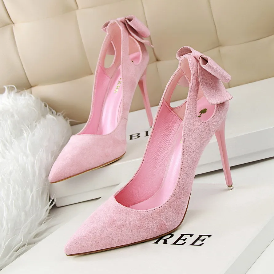 

Sweet Women Pumps Shoes Folck Shallow Pointed Toe Hollow Slip-On Butterfly-knot 10.5cmThin High Heels Party Club Female Shoes