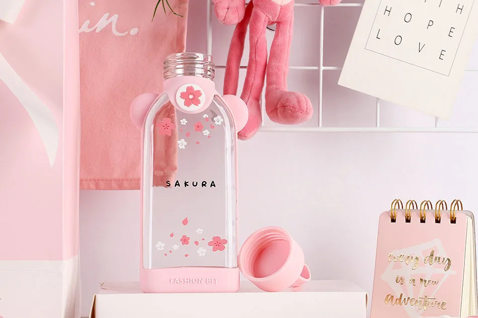 Kawaii Cute Glass Water Bottle Portable Rope Travel Mini Glass Cup Cactus Flamingo Girls School Office Glass Cup