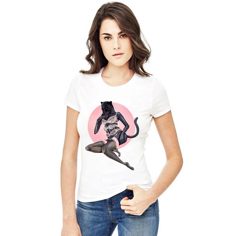 

WT0433 Summer Sexy Black Panther Pin Up T Shirt Women Punk Short Sleeve Tops