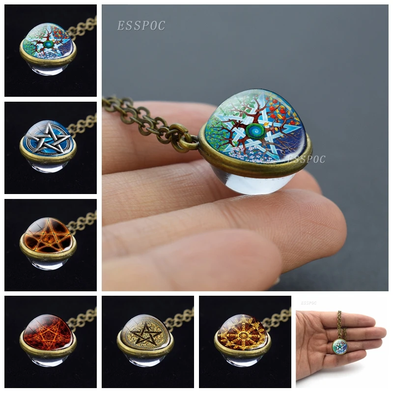 

2019 New Designed Pentagram Necklace Occult Pentagram Glass Cabochon Double Side Vintage Bronze Chain Necklace Gift for Women