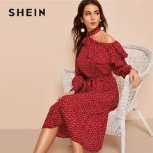 SHEIN Polka Dot Print Ruffle Trim Cut Out Neck Sexy Dress Women Clothes 2019 Spring Glamorous Long Sleeve Belted Midi Dress SHEIN Polka Dot Print Ruffle Trim Cut Out Neck Sexy Dress Women Clothes 2019 Spring Glamorous Long Sleeve Belted Midi Dress