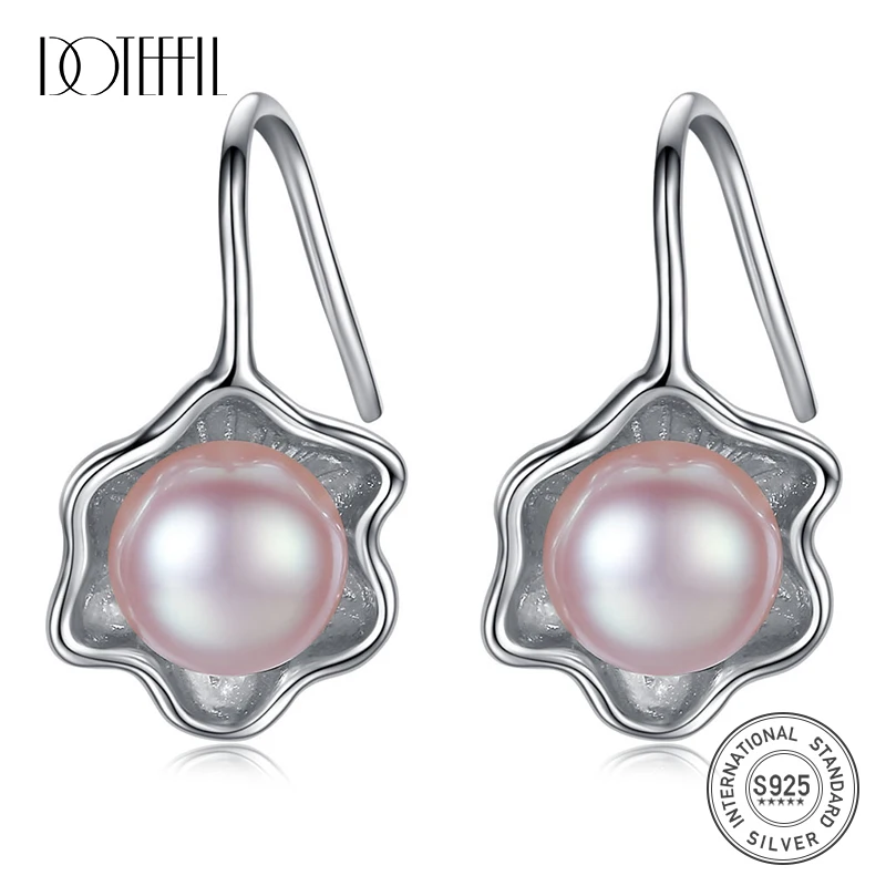 

DOTEFFIL Earrings Natural Freshwater Pearl Flower Shape 925 Sterling Silver Ear Hook Earrings Jewelry Women Wedding/Party Gift