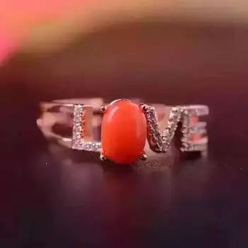 

Fidelity Natural red coral Ring 925 sterling silver Natural 6*8mm red gemstone letter love ring fashion fine Jewelry for women