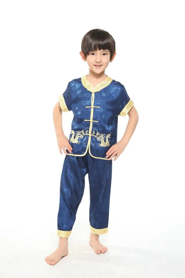 kids\enfant summer faux silk satin chinese kungfu dargon suit pajamas