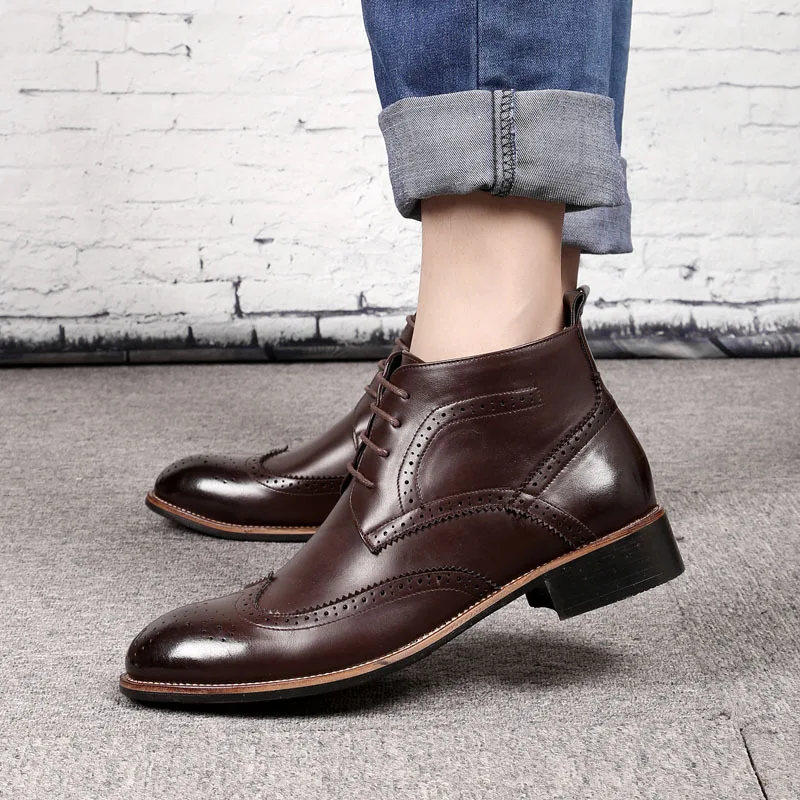 NPEZKGC Men Chelsea Boots Casual Leather Spring Autumn Bullock Ankle Boots Fashion Male Genuine Leather Men Shoes