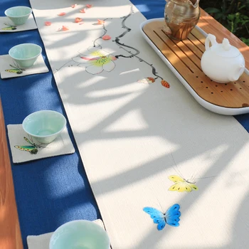 

Chinese Style Hand Painted Vintage Magnolia Teaware Mats Home Dinner Desk Decoration Tableware Linen Cotton Pads Table Runner