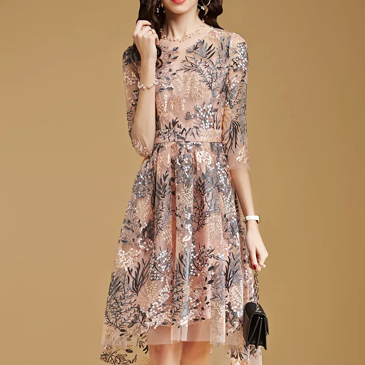 Высокое качество Sim элегантное платье женское летнее стильное платье с рукавом три четверти милое Сетчатое платье с цветочной вышивкой RE2134