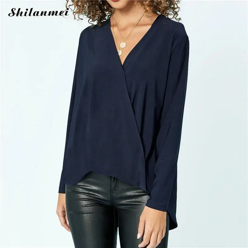 Women Tops And Blouse Deep V Neck Chiffon Ladies Autumn Long Sleeve High Low Clothing Fashion Shirts |