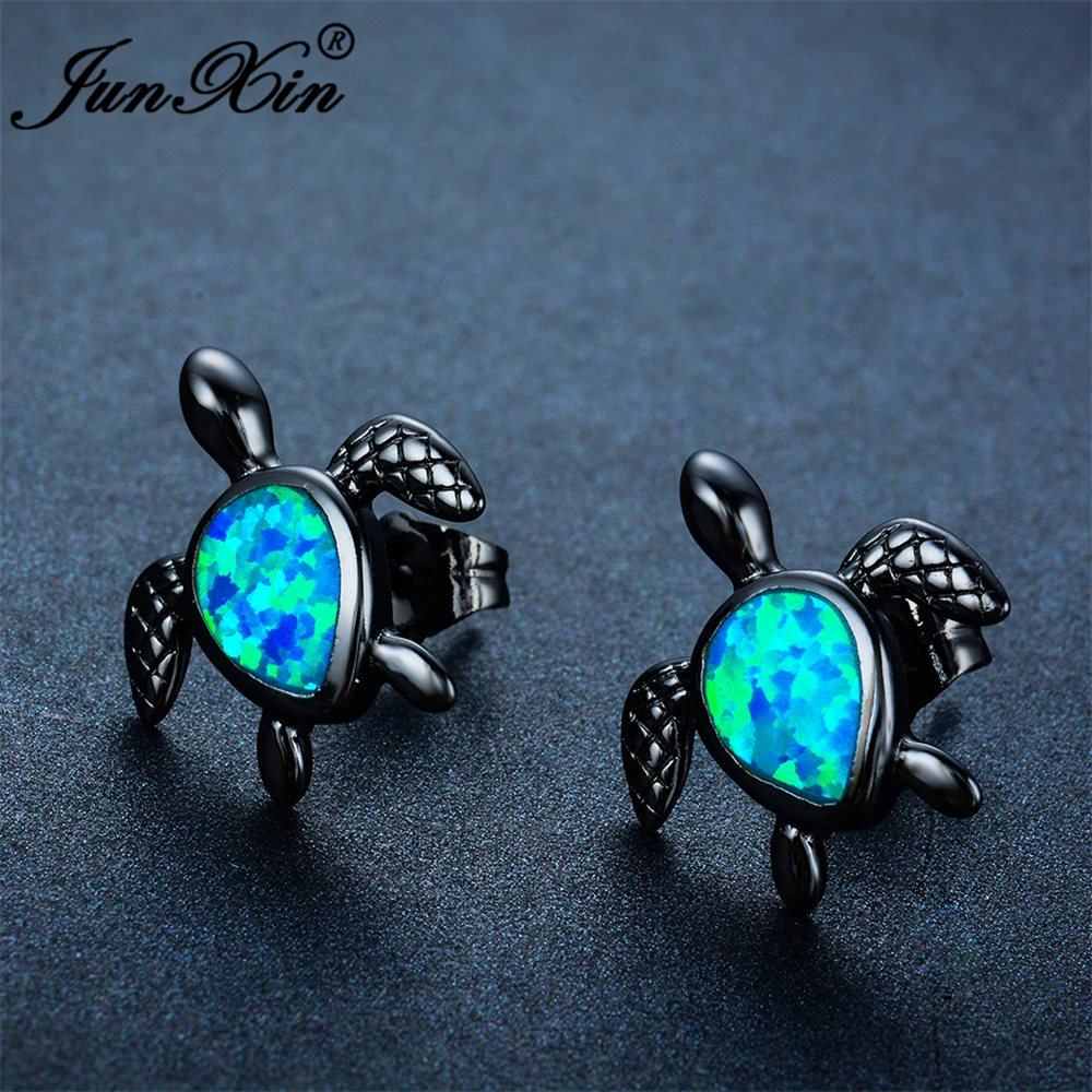 

JUNXIN Fashion Female Small Turtle Earring Blue Fire Opal Stud Earring Black Gold Filled Jewelry Double Sided Earrings For Women
