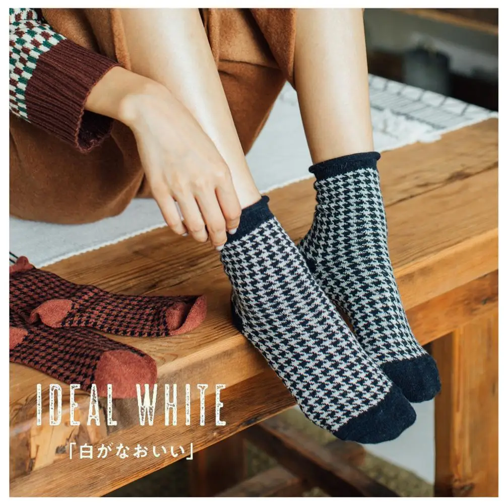 الرجعية Houndstooth و الصوف مزيج أرنب النساء الجوارب خمر البريطانية منقوشة الخريف الشتاء الجوارب الأزياء فحص شعرية جيدة الجوارب الدافئة