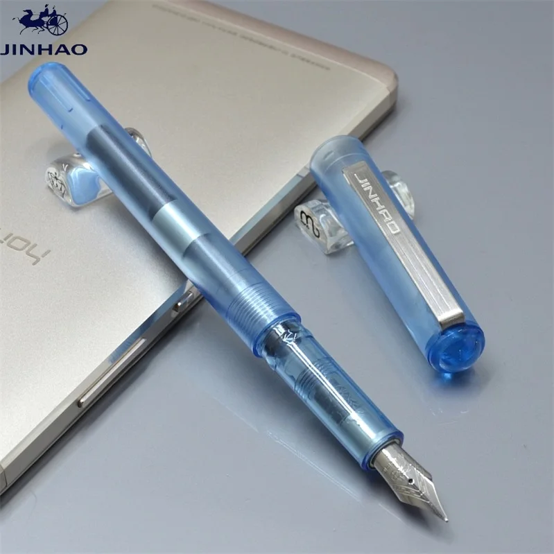 JINHAO 991 прозрачный черный Белый и зеленый цвета перьевая ручка с серебряной клип школьные канцелярские принадлежности F наконечник для письма ручек молочного цвета подарок A7 - Цвет: 1 transparent blue