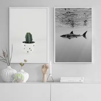 

RuoGuan Nordic poster cactus shark canvas painting minimalist prints wall art pictures for living room Scandinavian decor SH-246
