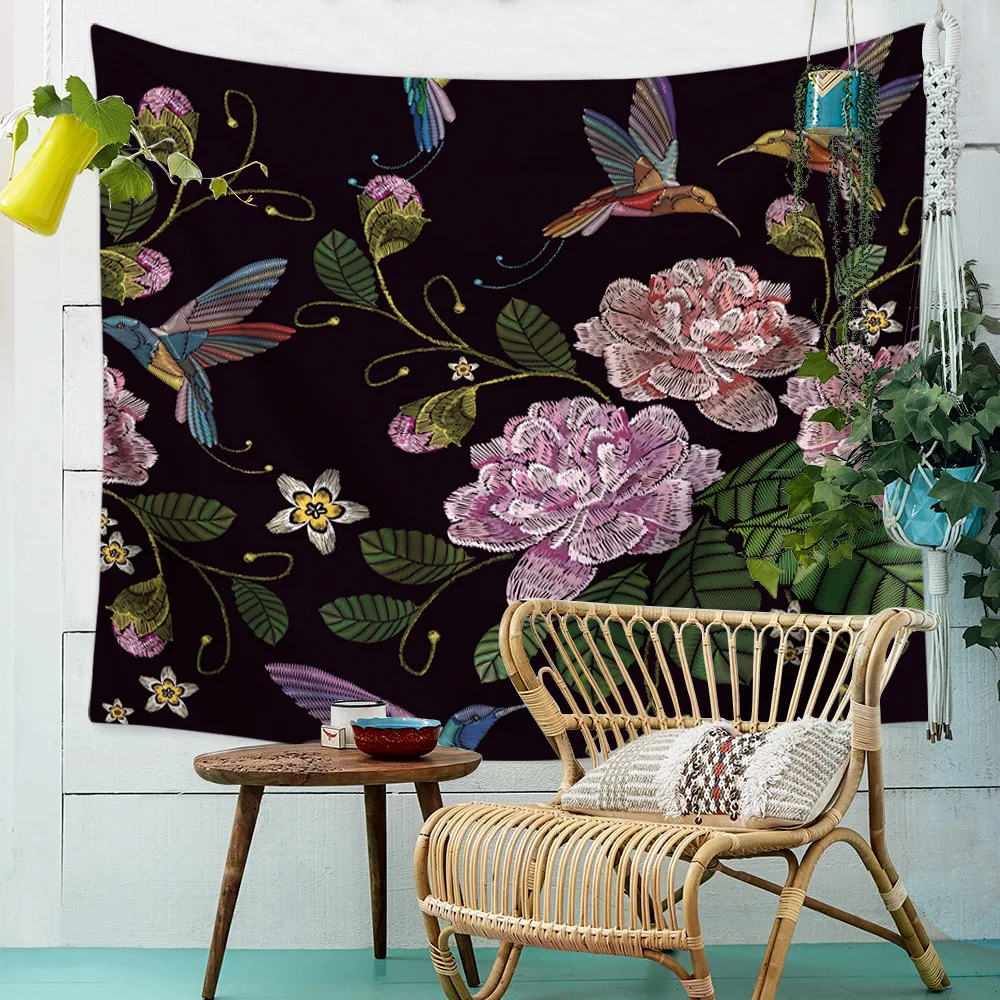 Vintage Black Background Leaves And Red Flower Rose Tapestry Wall