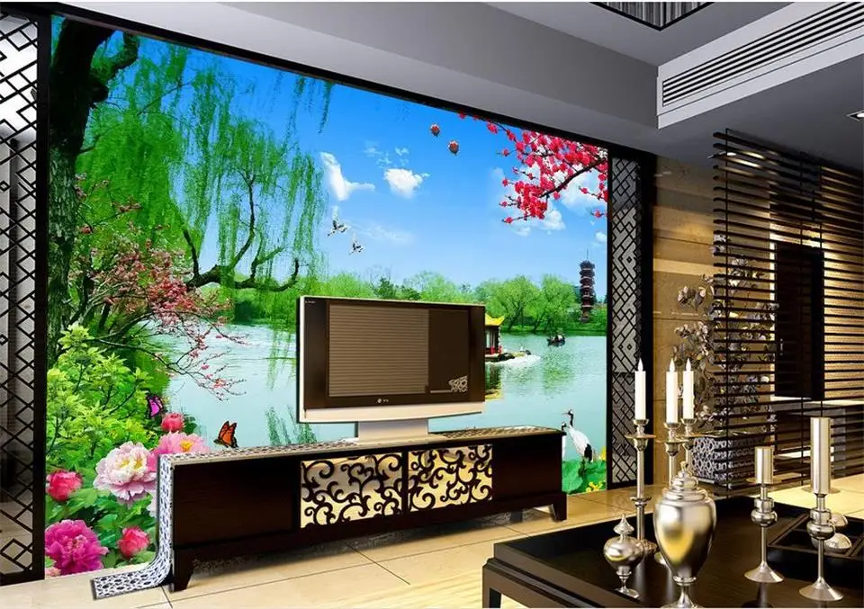 Пользовательские 3D фото обои комнаты Настенные весенний цветок озера Pavilion