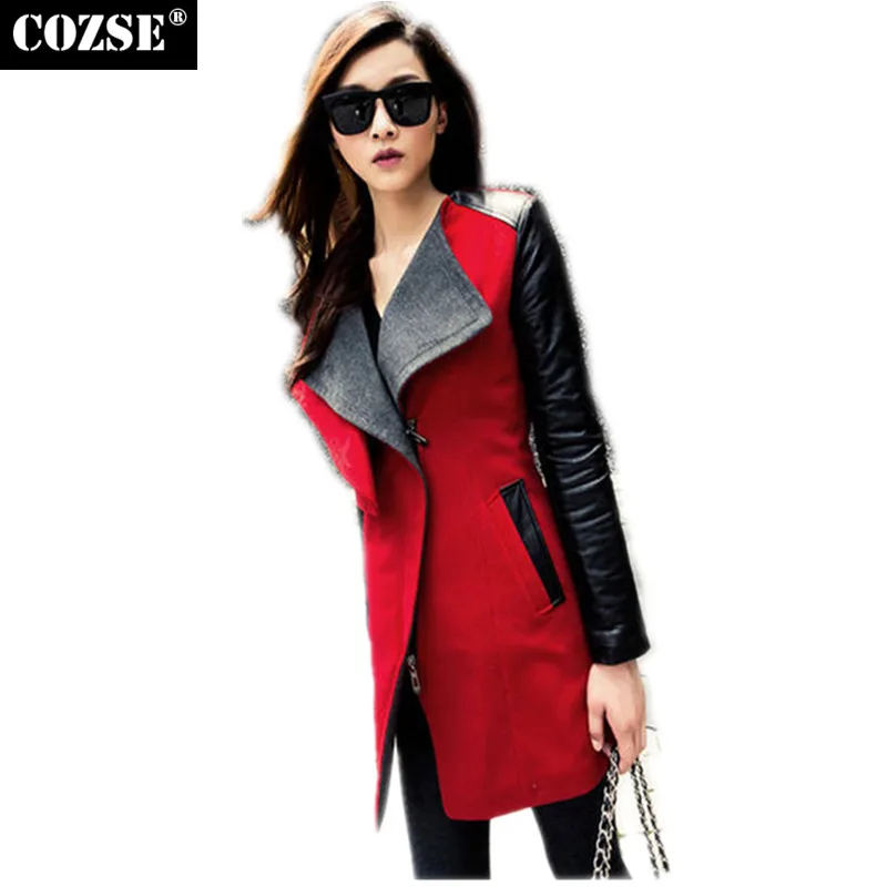 2016 Ladies Slim Leather Patchwork Jacket Long Women Wool