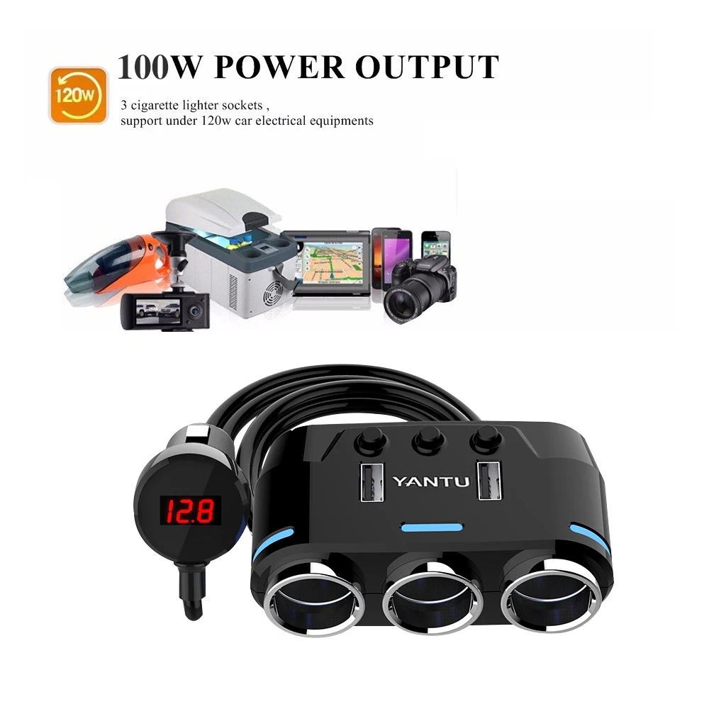 Cigarette Lighter Adapter 3 Socket Cigarette Lighter Splitter With Led Voltage Display Dual Usb Car Charger On/off Switches 12v