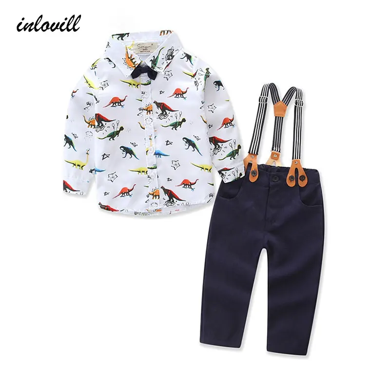 

new high quality 2018 spring printing animal cotton lapel long sleeve shirt + suspenders kids boy sets 2-5Y