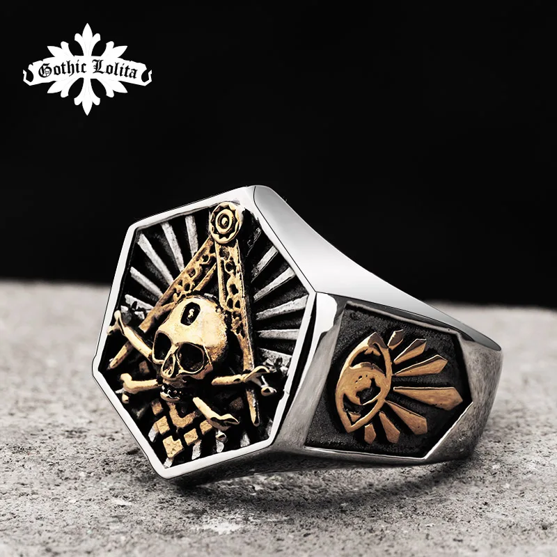 Online Masonic Ring For Men hexagon skull Stainless steel Freemason Totem Jewelry hippop street culture mygrillz