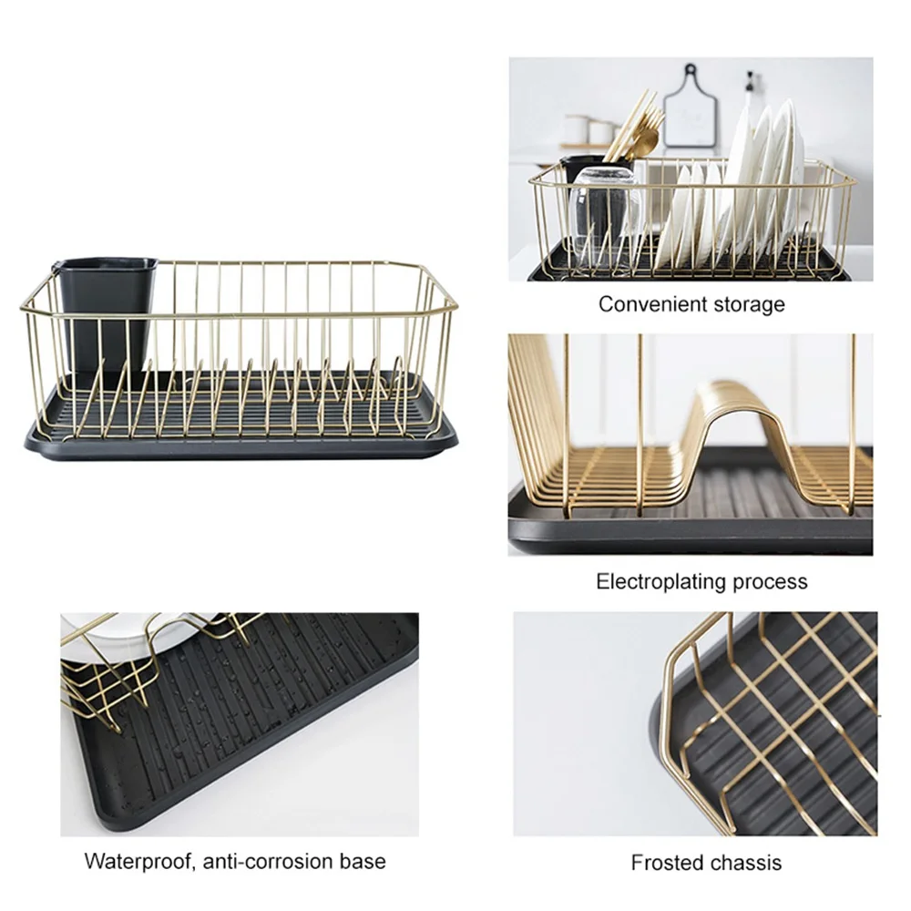 الفولاذ المقاوم للصدأ طبق تجفيف تجفيف رف مع حوض غمس الذهب سلك السكاكين طبق حامل رفوف حامل الرف أواني المطبخ تخزين