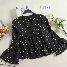 Sweet Polka Dot Print V-Neck Womens Tops and Blouses Casual Loose Flare Long Sleeve Shirt Women Fashion Lace Up Chiffon Blouse sweet long sleeves cartoon print blouse polka dot skirt twinset for women