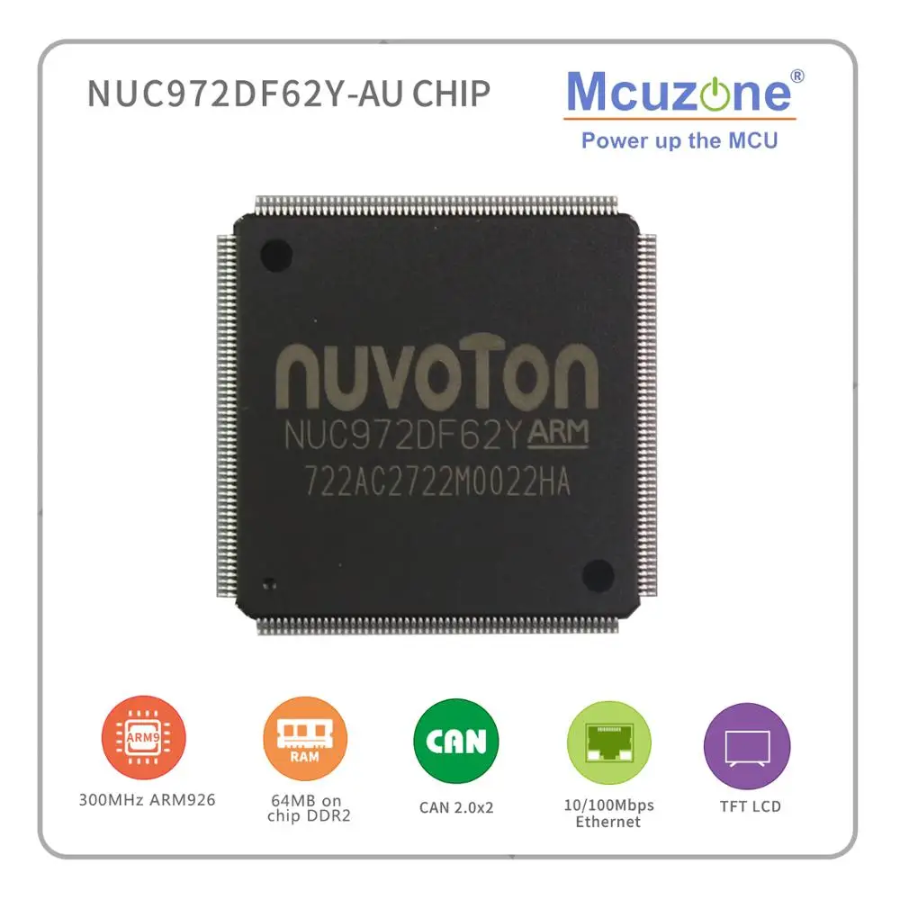 NUC972DF62Y, NUVOTON ARM926 на основе Soc, с чипом 64 Мб DDR2, 2 * CAN, 8 * UART, USB, LCDC, CMOS интерфейс, кодек