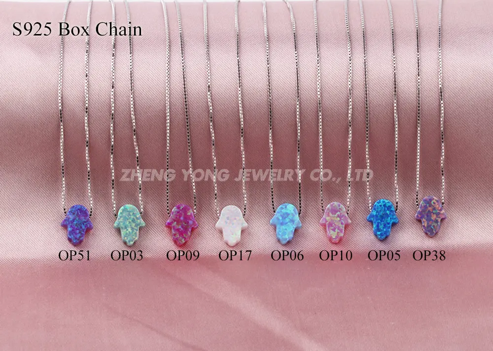 

8x10/11x13mm Many Colors Opal Hamsa Pendant Necklace 925 Sterling Silver Box Chain Synthetic Opal Hamsa Fatima Hand Necklace