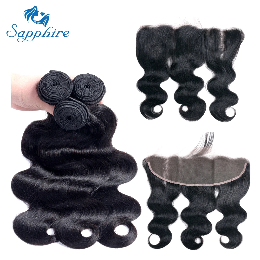Sapphire Brazilian Body Wave Remy Human Hair Bundles With Lace Frontal 1B# Color For Hair Salon High Ratio Longest Hair PCT 30% brazilian-body-wave-frontal