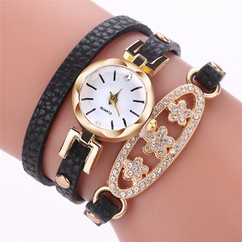 High Quality women fashion casual watch dress Leather Quartz Watch Luxury Bracelet Flower Gemstone Wristwatch Gift clock M22#N (11)