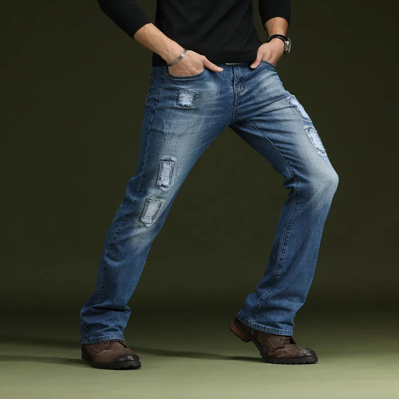 Mens Bootcut Jeans Blue Flared Ripped 