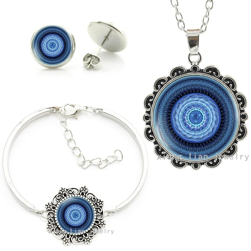 

Novelty blue mandala art Throat Chakra lace charm bracelet earrings necklace set women parure bijoux femme Jewelry sets HT045
