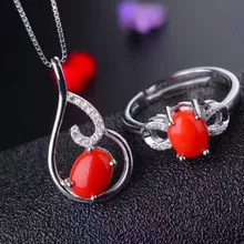 Натуральные красные коралловые драгоценные камни комплект ювелирного изделия с натуральным камнем драгоценный камень кольцо подвеска 925 серебро роскошный романтический свадебный подарок ювелирные изделия