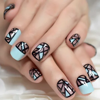 

Graphic Detail Press On Nails Light Blue Clear Print Designed Fake Nail Kit Short 24 Manicure