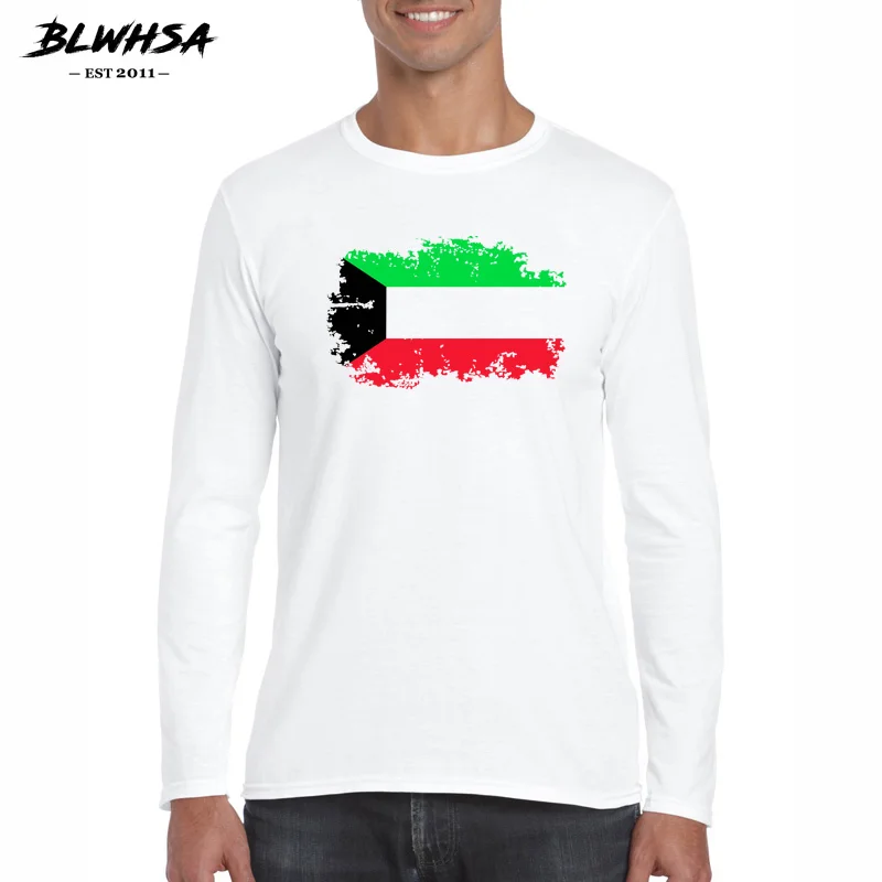 BLWHSA Kuwait Nostalgic National Flag T Shirt Men Kuwait Fans Cheer T shirts Long Sleeve Casual