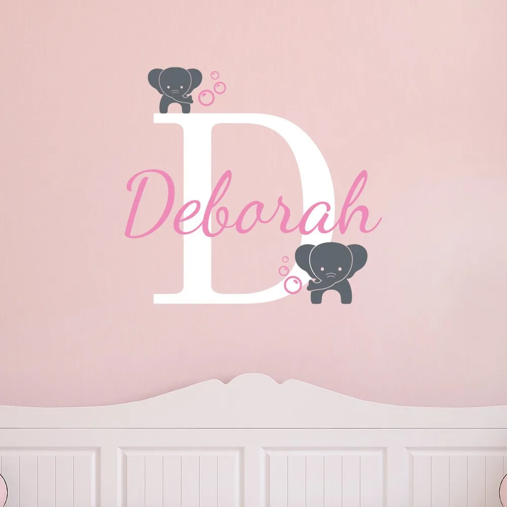 Cute Personalized Customized Name Elephants Art Wall Decal For Kids