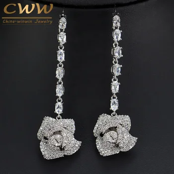 

CWWZircons Flower Drop Silver Plated Cubic Zircon Stone Long Earrings Fashion Brand Designer Jewelry for Women CZ367