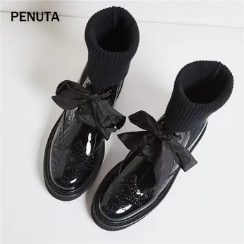 

2019 PENUTA Patent Leather Women Brogue Shoes Lace Up Womens Ankle Boots Shoes Embrossed Leather Ladies Short Martin Shoes PD928