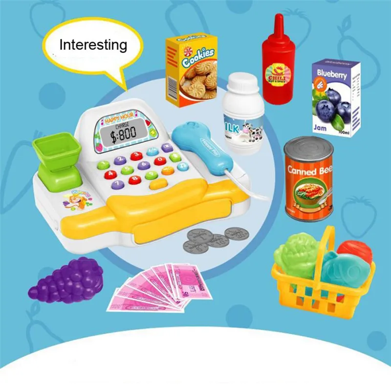 Kids Supermarket Cash Register Electronic Toy with Foods Fruit Fish