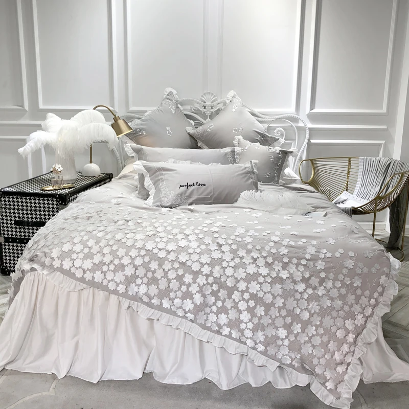 エジプト綿ピンクグレー王女寝具セット高級布団カバーベッドセットクイーン キングサイズベッドスカートベッドカバーパリュールデ点灯 Bedding Sets Aliexpress